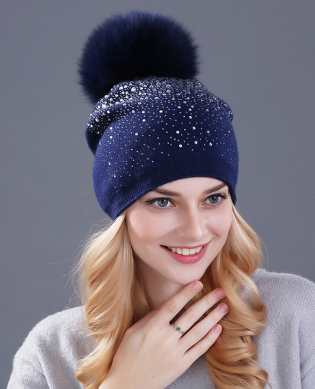Rhinestones Rabbit fur knitted hat Rhinestones Rabbit fur knitted hat