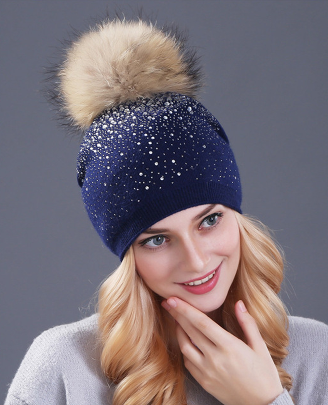 Rhinestones Rabbit fur knitted hat Rhinestones Rabbit fur knitted hat