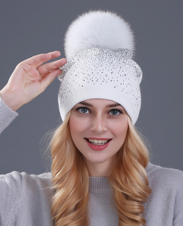 Rhinestones Rabbit fur knitted hat