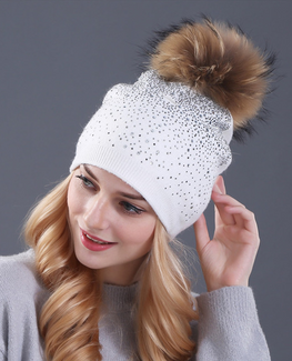 Rhinestones Rabbit fur knitted hat