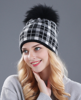 Rabbit fur plaid beanie