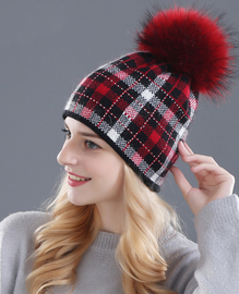 Rabbit fur plaid beanie