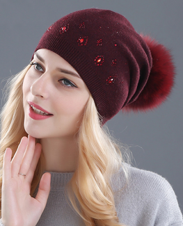 Rhinestone Rabbit fur Beanie